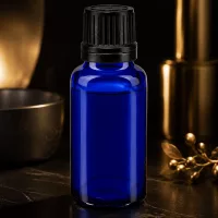 Dunkelblaue zylindrische 20ml Tropfflasche mit schwarzem OV-Verschluss und Golddekor