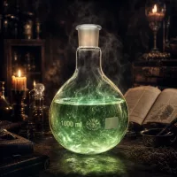 Reaktionskolben 1000ml mit dampfender grüner Chemikalie und präzisem Schliffstopfen