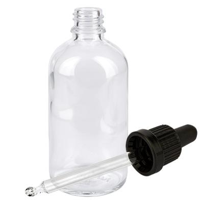 Klarglas Tropfflasche 100ml mit herausnehmbarem Glaskapillar und schwarzem Deckel ClearLine