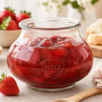 WECK Schmuckglas RR80 560ml mit hausgemachter Erdbeermarmelade und Holzlöffel auf Küchenarbeitsfläche