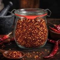 WECK Mini Tulpenglas 220ml Gewürzidee scharfe Chilisamen Aufbewahrung rustikales Holzbrett Ambiente