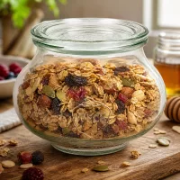 WECK Schmuckglas 560ml RR80 mit hausgemachtem Müsli Nüssen Trockenfrüchten als Vorratsdose auf Holztisch