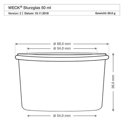 WECK 50ml Sturzglas RR60 technische Zeichnung mit Maßangaben - Durchmesser 68mm, Höhe 36mm für Einmachgläser
