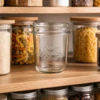 320ml Quattro Stagioni Sturzglas mit elegantem Logo auf Holzregal zwischen gefüllten Vorratsgläsern für Küche und Pantry