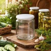250ml Honigglas leer mit weißem BasicSeal Deckel in rustikaler Einmachküche zwischen Gurken Knoblauch und Dill