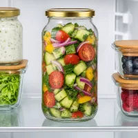1062ml Rundglas mit goldenem BasicSeal Deckel gefüllt mit frischem Gemüsesalat im Kühlschrank zur Aufbewahrung