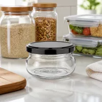 UNiTWIST Terrinenglas 120ml gedrungene Glasform schwarzer Deckel Küche Holzbrett Küchenhandtuch
