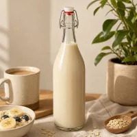 1000ml Glasflasche mit Bügelverschluss gefüllt mit Hafermilch auf Holztisch neben Kaffeetasse und Haferflocken