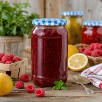 1062ml Rundglas mit Himbeermarmelade gefüllt, BasicSeal Deckel blau-weiß, perfekt für hausgemachte Konfitüre und Fruchta
