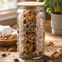 WECK Zylinderglas 340ml RR60 gefüllt mit Müsli und Nüssen als Vorratsglas mit Holzdeckel auf Küchentheke