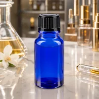 Dunkelblaue 10ml Flasche aus hochwertigem Glas mit schwarzem Schraubverschluss für Öle