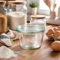 WECK Sturzglas 370ml RR100 in Küchenambiente mit Mehl Eiern und Backzutaten zum Kochen und Backen