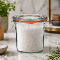 Kompaktes WECK Einmachglas 140ml mit Salzfüllung und Glasdeckel als stilvolle Gewürzaufbewahrung