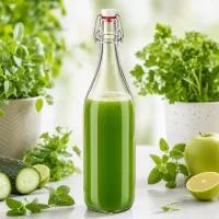 1000ml Glasflasche Bügelverschluss PVC mit grünem Smoothie gefüllt umgeben von frischen Kräutern und Gemüse