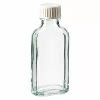 Transparente 50ml Apothekerflasche Meplat mit weißem Schraubdeckel und Schaumeinlage