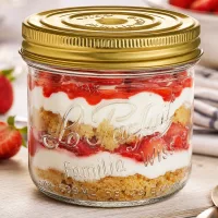 Sturzglas Familia Wiss 539ml mit goldenem Schraubdeckel und Dessert Schichten aus Erdbeeren und Keksboden