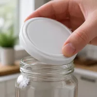 Finger platziert weissen UNiTWIST TO63 BioSeal Deckel auf transparentem Einmachglas unitemp