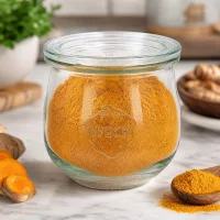 WECK Tulpenglas 370ml RR80 mit Kurkumapulver gefüllt in Küche neben Kurkumawurzeln und Gewürzen auf Holzbrett
