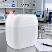 Robuster 30 Liter Vorratsbehälter mit Entnahmehahn zwischen Laborgeräten und Reagenzgläsern