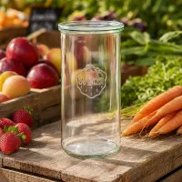 WECK Sturzglas 1500ml RR100 auf Holzbrett mit frischem Obst Gemüse Erdbeeren Karotten natürliche Küchendeko