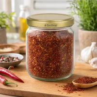 500g BioSeal Honigglas gefüllt mit roten Gewürzen auf Holzbrett mit Chili und Knoblauch in Küche