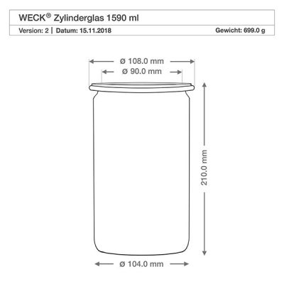 Technische Zeichnung WECK Zylinderglas 1590ml RR100 mit Maßangaben und Abmessungen für Holzkugel-Verschluss