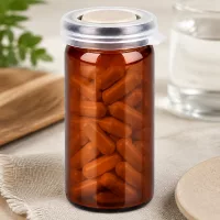 Zylindrisches Pillenglas 10ml mit durchsichtigem Deckel und dicht gepackten Kapseln