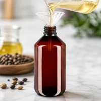 Handabfüllung von Trägeröl in braune 500ml PET Flasche mit manipulationssicherem Weißverschluss