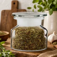 Stabiles Steilbrustglas 50ml befüllt mit aromatischen Trockenkräutern für die Gewürzküche