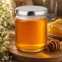 212ml Rundglas mit BasicSeal Deckel gefüllt mit goldgelbem Honig neben Bienenwabe und Honiglöffel aus Holz