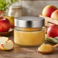 Transparentes 80ml Glas mit gedrehtem Silberdeckel gefüllt mit goldgelbem Apfelmus
