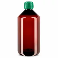 Lebensmittelechte PET Flasche 750ml braun mit grünem originalitätsgesichertem Deckel
