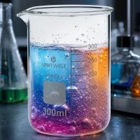 Transparentes Borosilikat Laborbecherglas 300ml mit pink-blau-orangefarbenem Flüssigkeitsinhalt