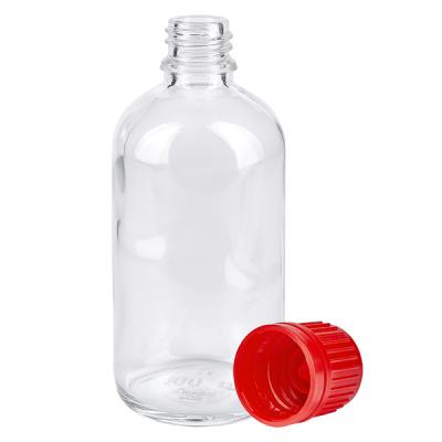 Zylindrische 100ml Klarglasflasche UT18 ClearLine mit separatem roten Schraubverschluss