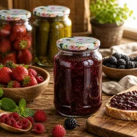 Rundglas 1062ml mit Blumen-Deckel befüllt mit Marmelade neben frischen Beeren rustikale Küchendeko