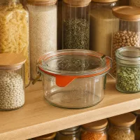 WECK Sturzglas 165ml RR80 in organisierter Vorratskammer zwischen Einmachgläsern mit Reis, Linsen und Gewürzen
