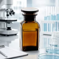 Laborflasche 100ml braun Weithalsflasche viereckig dicht verschlossen mit Glasstopfen