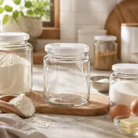 Leeres 250ml Honigglas mit weißem BasicSeal Deckel auf Holzbrett in rustikaler Küche zwischen Vorratsgläsern