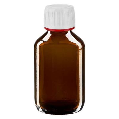 150ml Medizinflasche braun, Verschluss weiß mit Originalitätsring rot ApoGlas