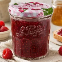 Gefülltes 324ml Le Parfait Sturzglas mit Himbeermarmelade und dekorativem Schraubdeckel in gemütlicher Küche