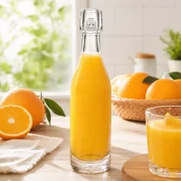 50ml Glasflasche UNiTWIST mit Orangensaft befüllt zwischen frischen Orangen heller Küche Fensterlicht