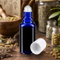 Aromatherapie Roll-On Flasche 20ml in Blau mit weißem Deckel neben Kamillenblüten und Lavendel