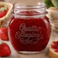 300ml Quattro Stagioni Haushaltsglas mit Erdbeermarmelade gefüllt neben frischen Erdbeeren und Brot auf Holztisch