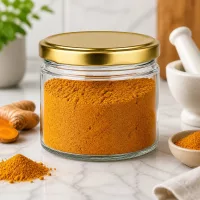 540ml Rundglas mit BasicSeal Deckel gold befüllt mit Kurkuma Pulver auf Marmor Arbeitsplatte Küchen Ambiente