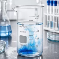 UNITWIST Becherglas 400ml hohe Form mit beschriftbarem Etikettenfeld und präziser Volumenskalierung