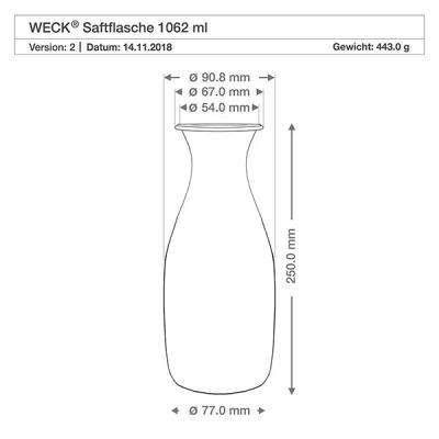 WECK Saftflasche 1062ml RR60 technische Zeichnung mit Maßangaben Durchmesser Höhe Gewicht Produktspezifikation