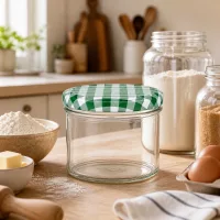Leeres 225ml Sturzglas mit grün-weißem Karodeckel in Backküche zwischen Mehlschüssel und Vorratsgläsern