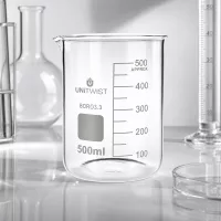 UNiTWIST Chemieglas 500ml niedriger Form mit quadratischem Beschriftungsfeld und Volumenskala