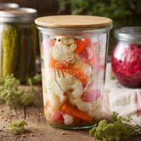 WECK Einmachglas 850ml RR100 mit eingelegtem Gemüse Cauliflower Karotten Zwiebeln fermentierte Lebensmittel Holzdeckel