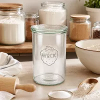 WECK Sturzglas 1000ml RR100 leer in heller Küche zwischen Vorratsdosen mit Mehl und Backutensilien zum Backen
